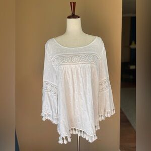 Westport Womens Boho Tassel Blouse Top Size 2X White Lace Cotton Beachy Coastal